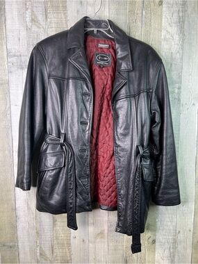 Tannery West Vintage Large Lined Black Leather Belted Jacket (Flawed-NO BUTTONS)